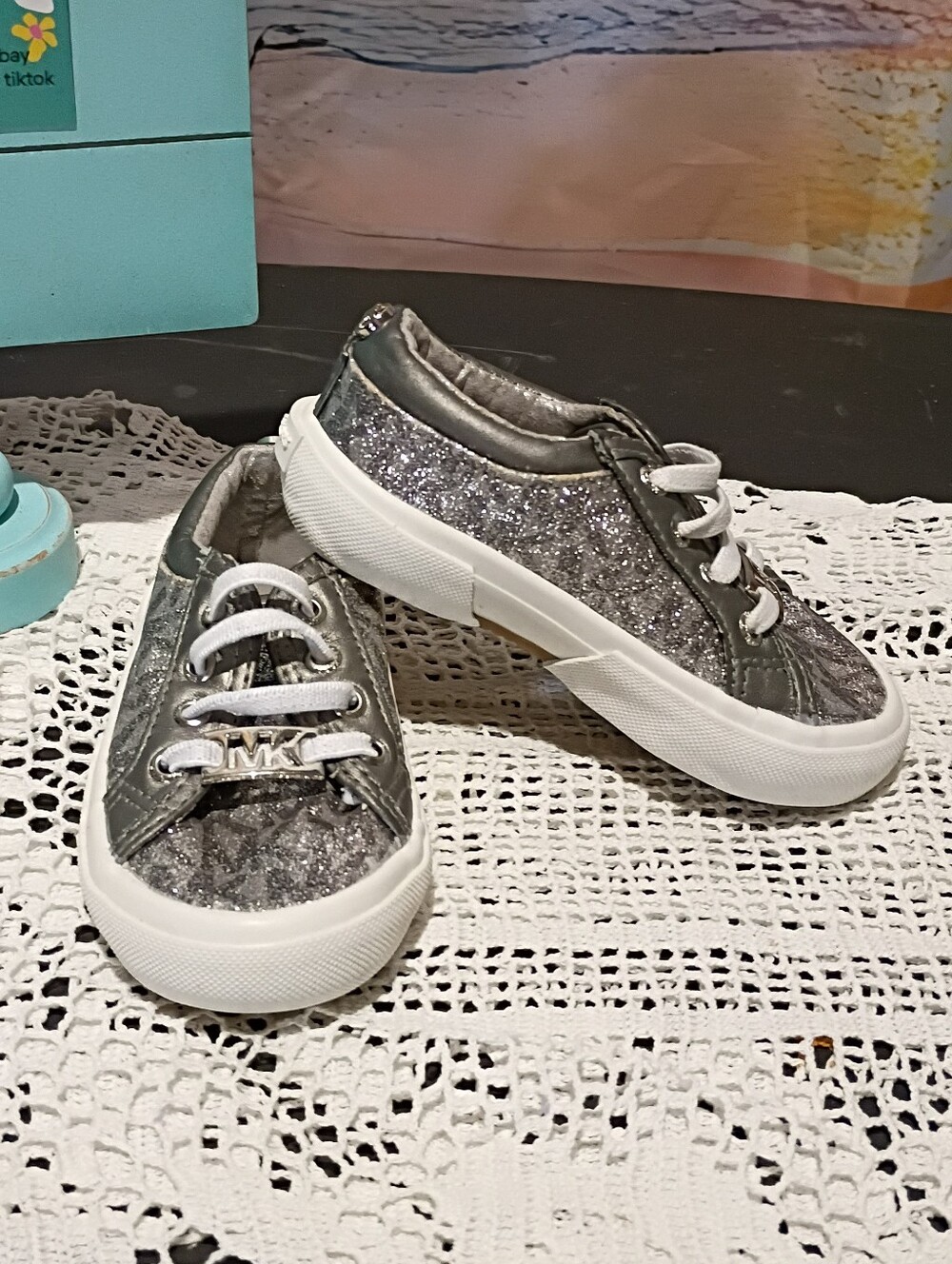 Michael Kors Kids Silver Glitter Lace-Up Sneakers